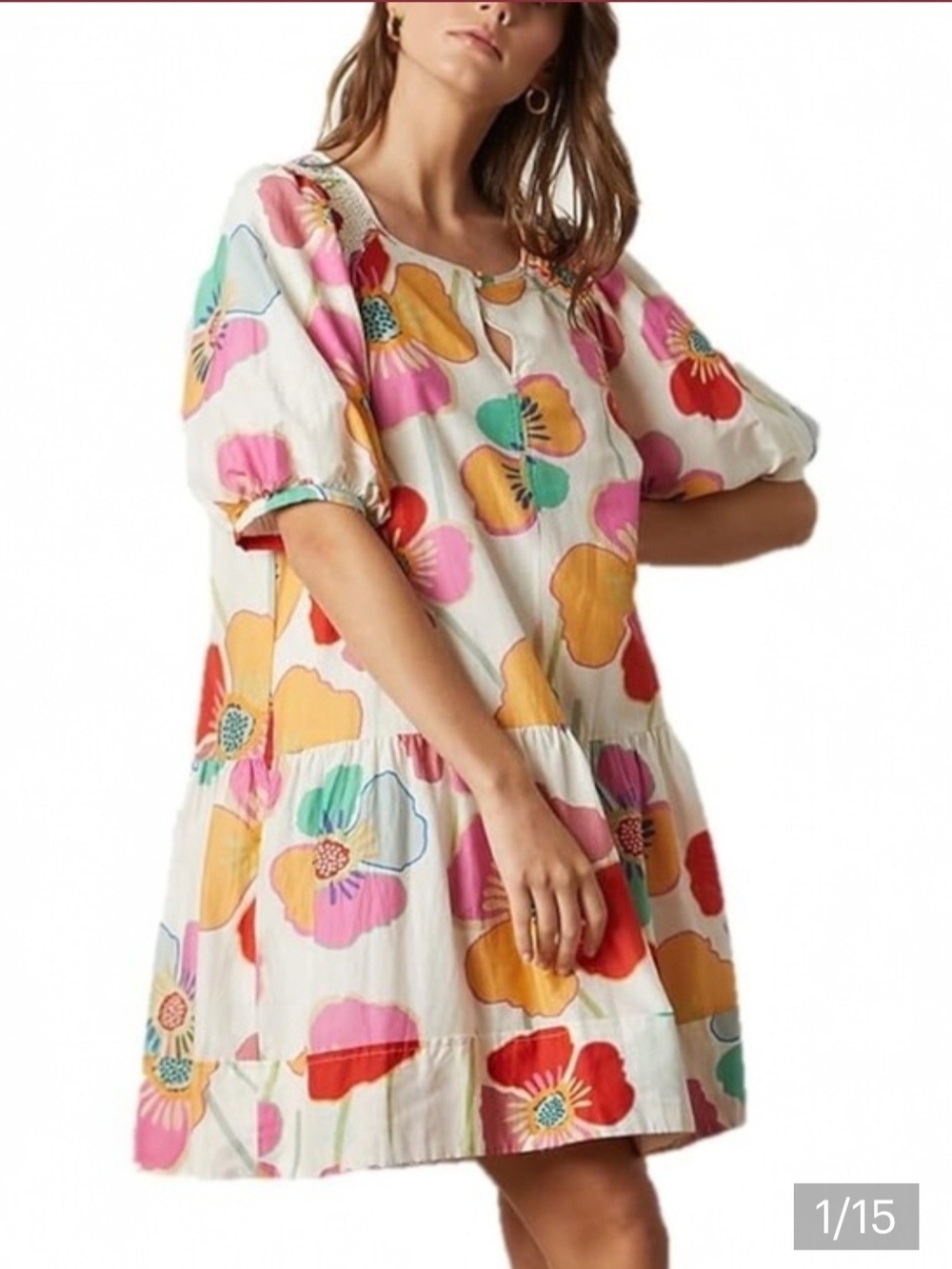 Velvet by Graham & Spencer Cream Floral Tiered Puff-Sleeve Dress XS